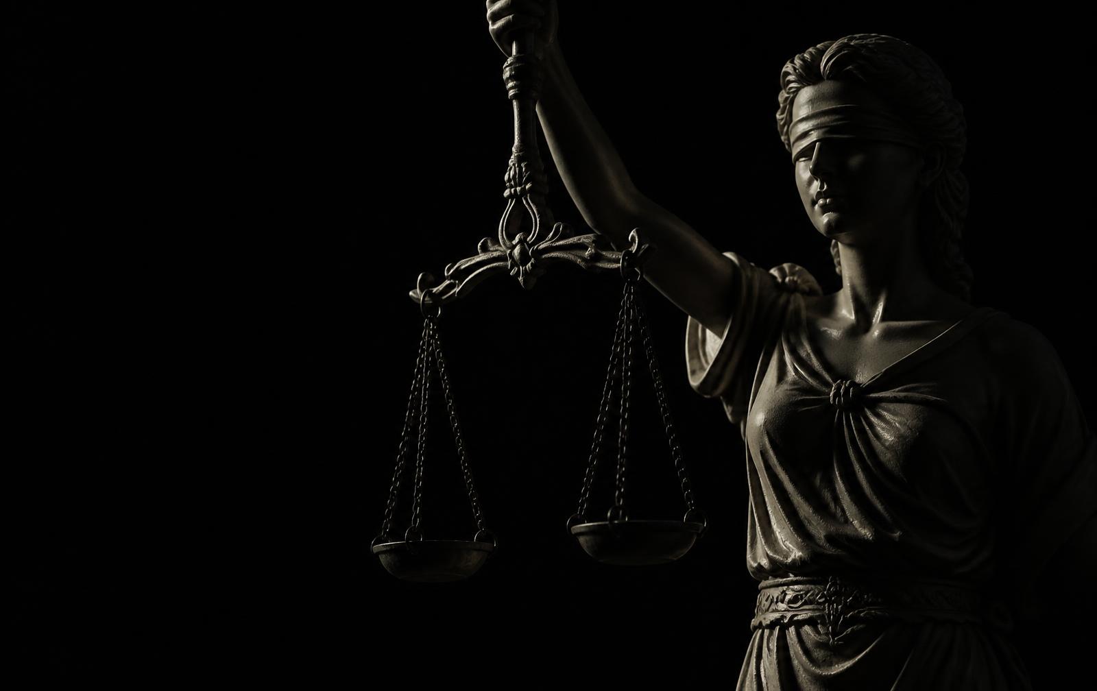 Estátua clássica da Justiça em contraluz